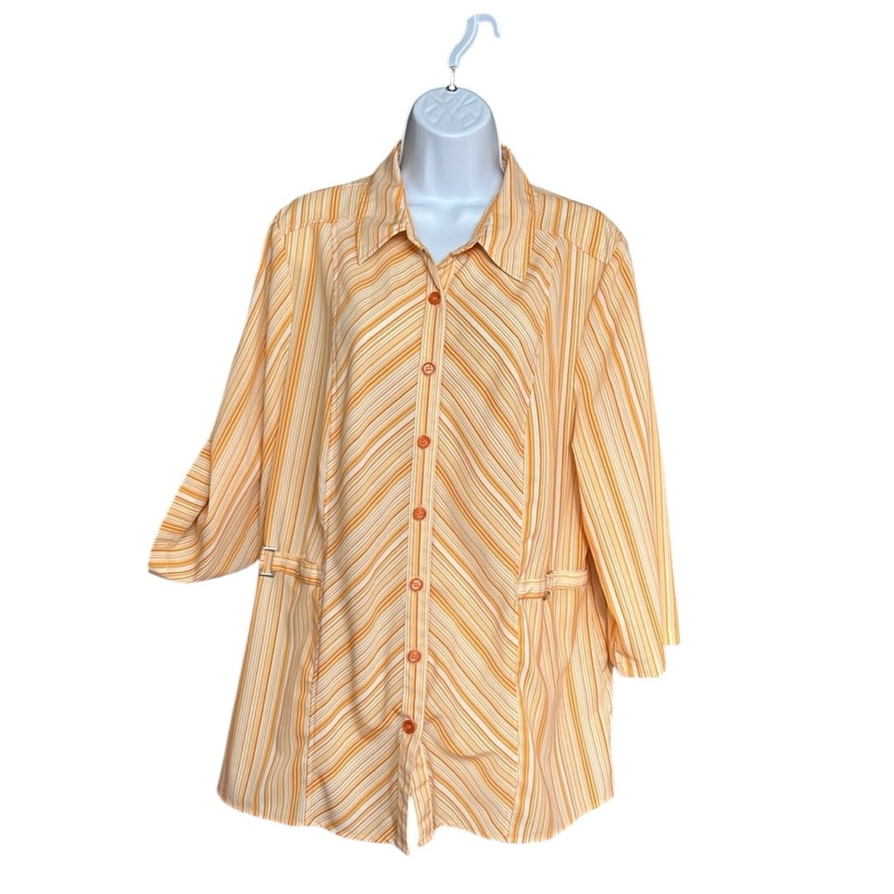 Penningtons Orange & White Striped 3/4 Tab Sleeve Blouse - Size 1X